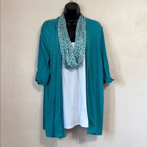 Elegant Teal Open-Front Blouse with White Layer 0100